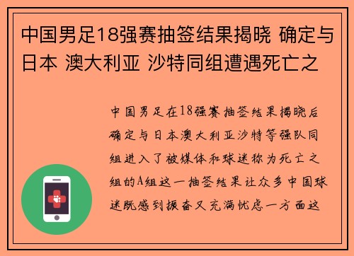 中国男足18强赛抽签结果揭晓 确定与日本 澳大利亚 沙特同组遭遇死亡之组 中国男足18强赛抽签结果揭晓 确定与日本 澳大利亚 沙特同组遭遇死亡之组